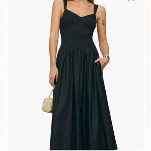 NWT Reformation Sariah Navy Smocked Drop Waist Organic Cotton Midi Dress Size 8